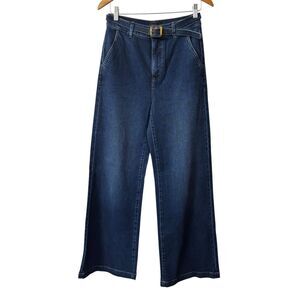 Ann Taylor The Trouser Denim Jeans Wide Leg High Rise Stretch 4 TALL with belt
